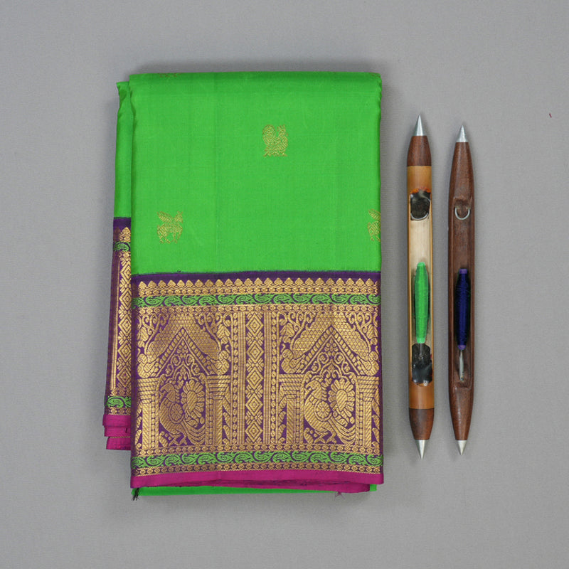 Hayagrivas Handloom Parrot Green Kanjivaram Silk Saree with Violet Border KBE2347B6-1