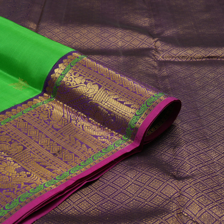Hayagrivas Handloom Parrot Green Kanjivaram Silk Saree with Violet Border KBE2347B6-1