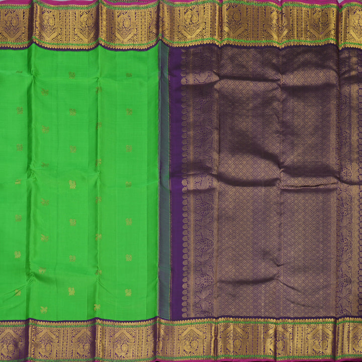 Hayagrivas Handloom Parrot Green Kanjivaram Silk Saree with Violet Border KBE2347B6-1