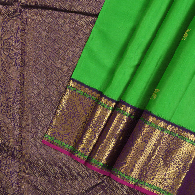Hayagrivas Handloom Parrot Green Kanjivaram Silk Saree with Violet Border KBE2347B6-1
