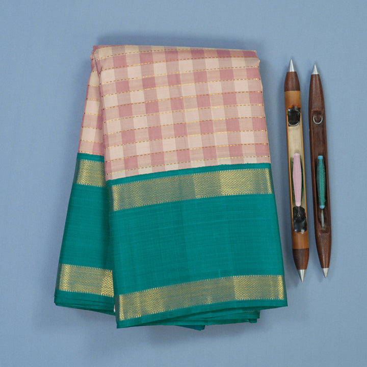 Hayagrivas Handloom Cream & Onion Pink Checks Kanjivaram Silk Saree with Rama Green Border KBE2348B4-1