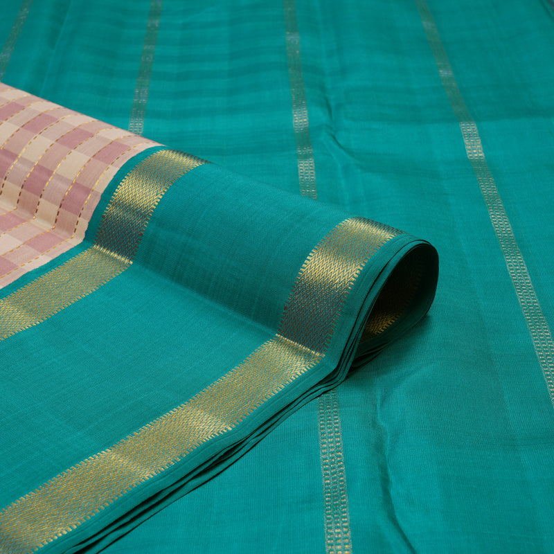 Hayagrivas Handloom Cream & Onion Pink Checks Kanjivaram Silk Saree with Rama Green Border KBE2348B4-1