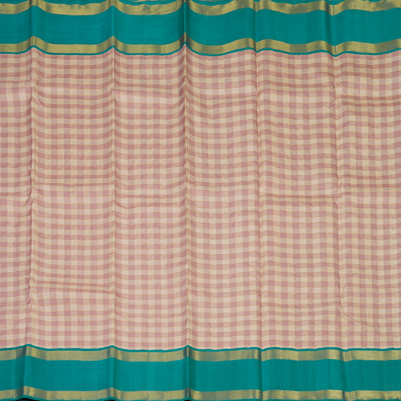 Hayagrivas Handloom Cream & Onion Pink Checks Kanjivaram Silk Saree with Rama Green Border KBE2348B4-1