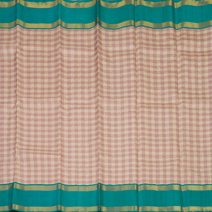 Hayagrivas Handloom Cream & Onion Pink Checks Kanjivaram Silk Saree with Rama Green Border KBE2348B4-1