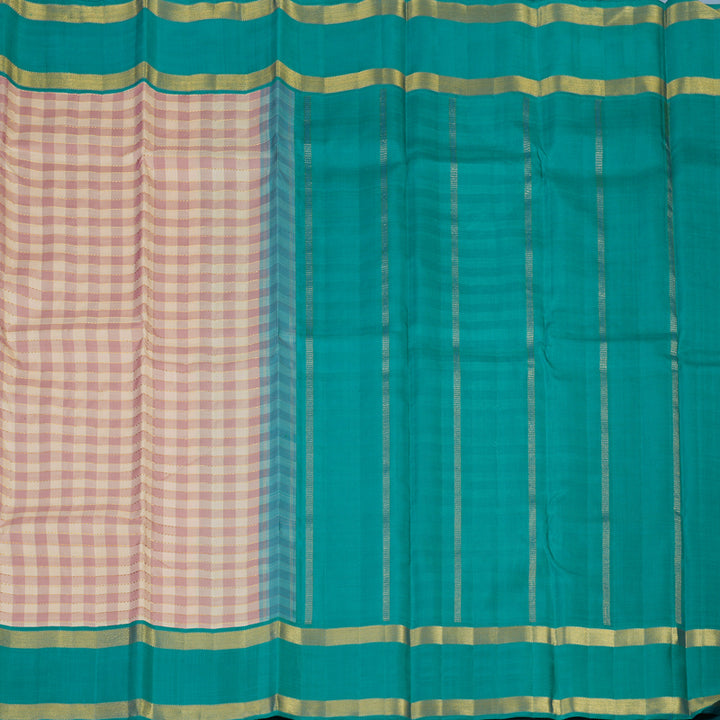 Hayagrivas Handloom Cream & Onion Pink Checks Kanjivaram Silk Saree with Rama Green Border KBE2348B4-1