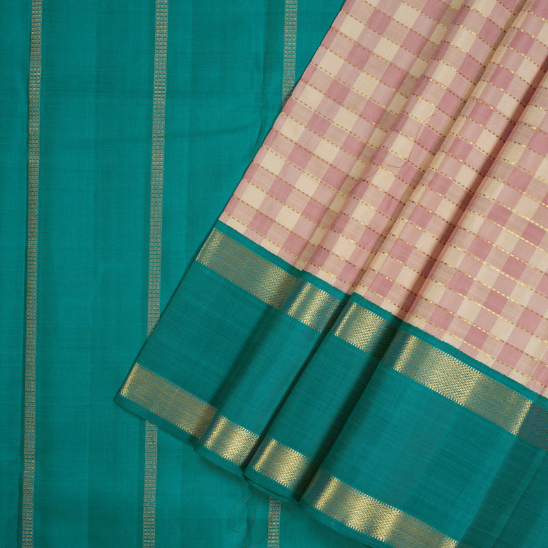Hayagrivas Handloom Cream & Onion Pink Checks Kanjivaram Silk Saree with Rama Green Border KBE2348B4-1