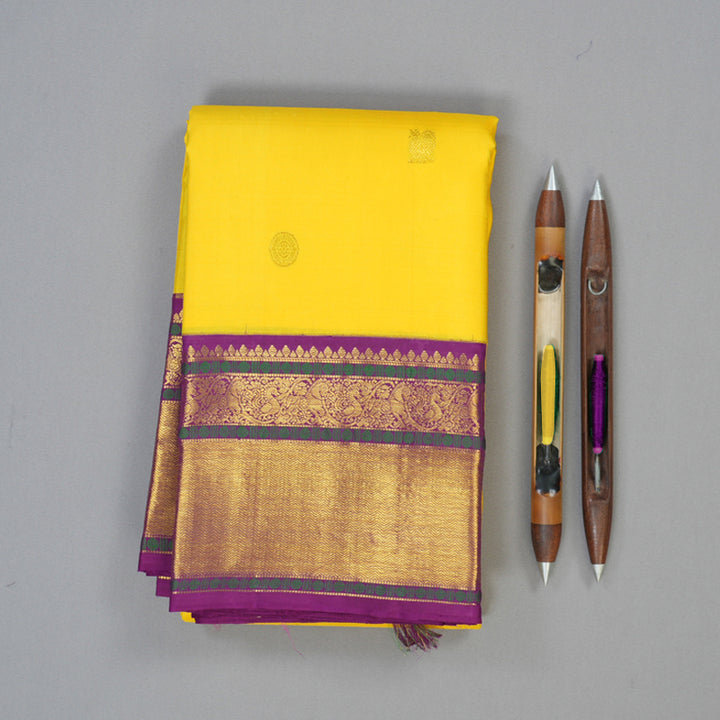 Hayagrivas Handloom Yellow Kanjivaram Silk Saree with Purple Border KBE2349B1-9