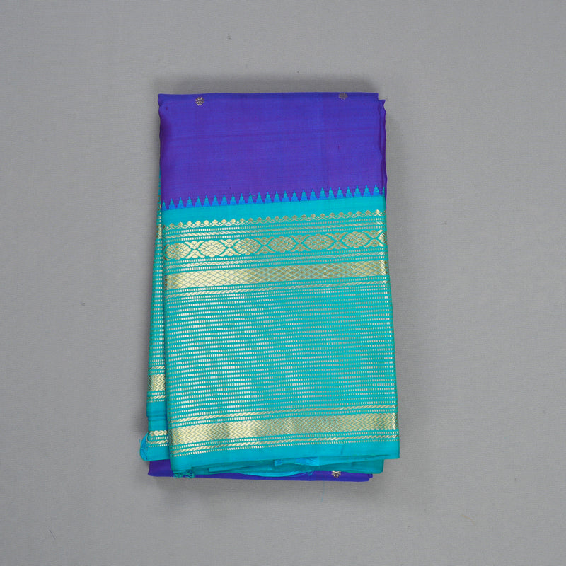 Hayagrivas Handloom Purplish-Blue Kanjivaram Silk Saree with Aqua Blue Border KBE2352B2-1