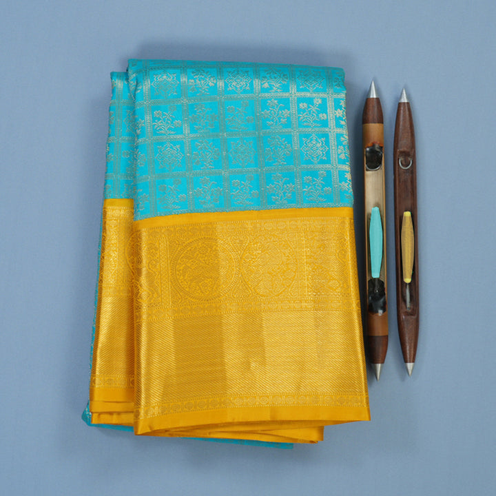 Hayagrivas Handloom Sky Blue Kanjivaram Silk Saree with Yellow Border KBE2356B7-1