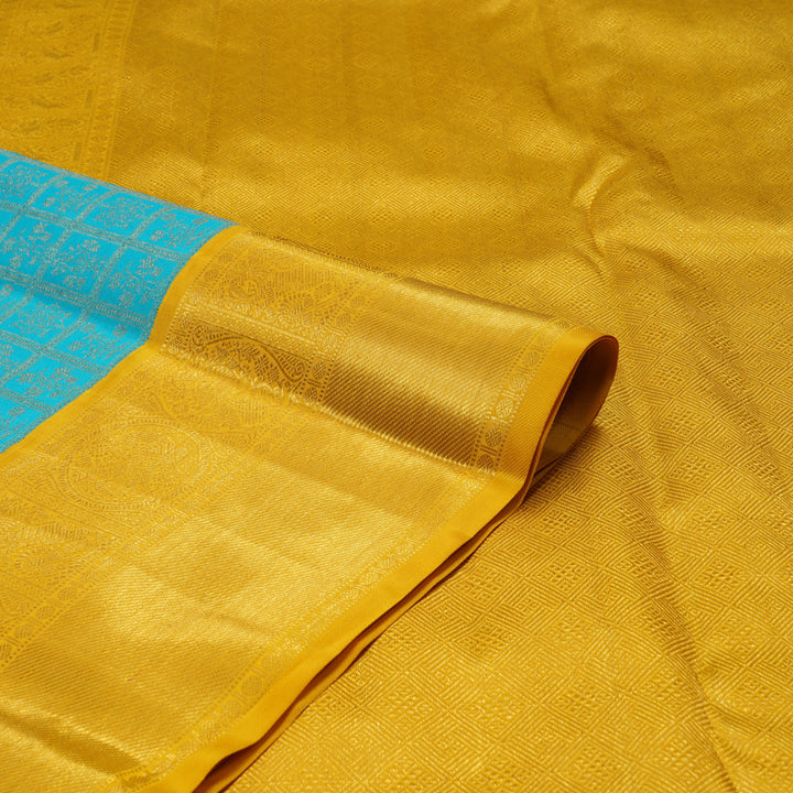 Hayagrivas Handloom Sky Blue Kanjivaram Silk Saree with Yellow Border KBE2356B7-1