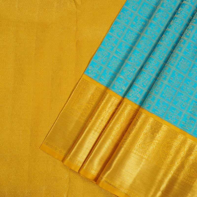Hayagrivas Handloom Sky Blue Kanjivaram Silk Saree with Yellow Border KBE2356B7-1