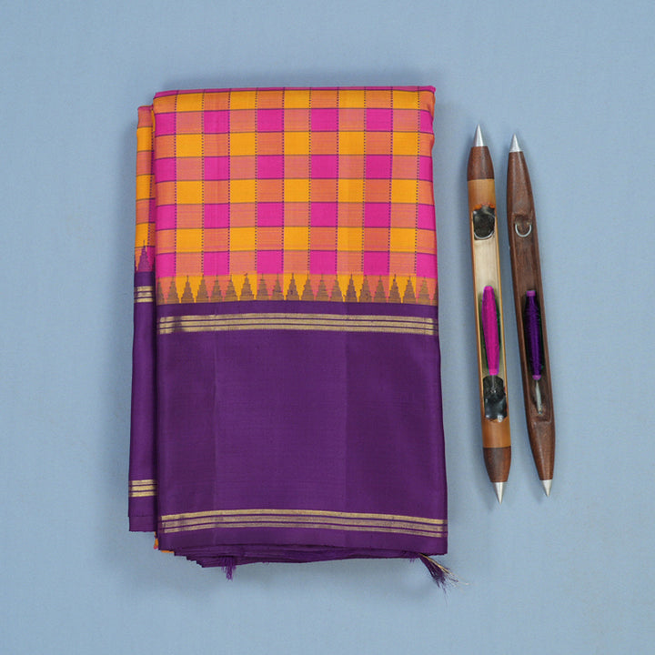 Hayagrivas Handloom Pink & Yellow Checks Kanjivaram Silk Saree with Purple Border KBE2357B2-1
