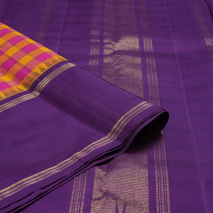 Hayagrivas Handloom Pink & Yellow Checks Kanjivaram Silk Saree with Purple Border KBE2357B2-1