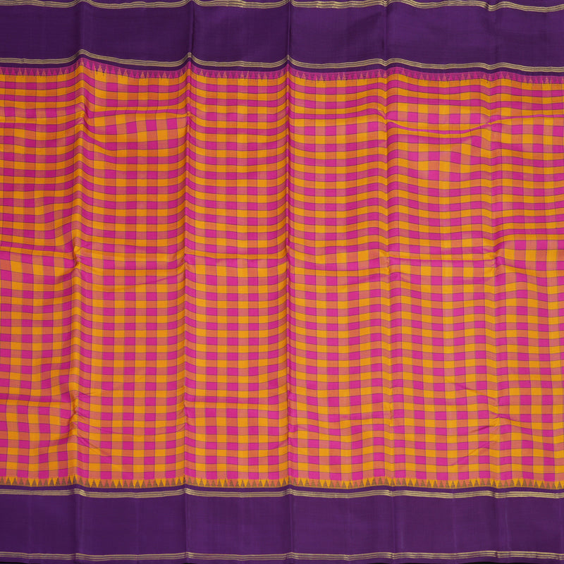 Hayagrivas Handloom Pink & Yellow Checks Kanjivaram Silk Saree with Purple Border KBE2357B2-1