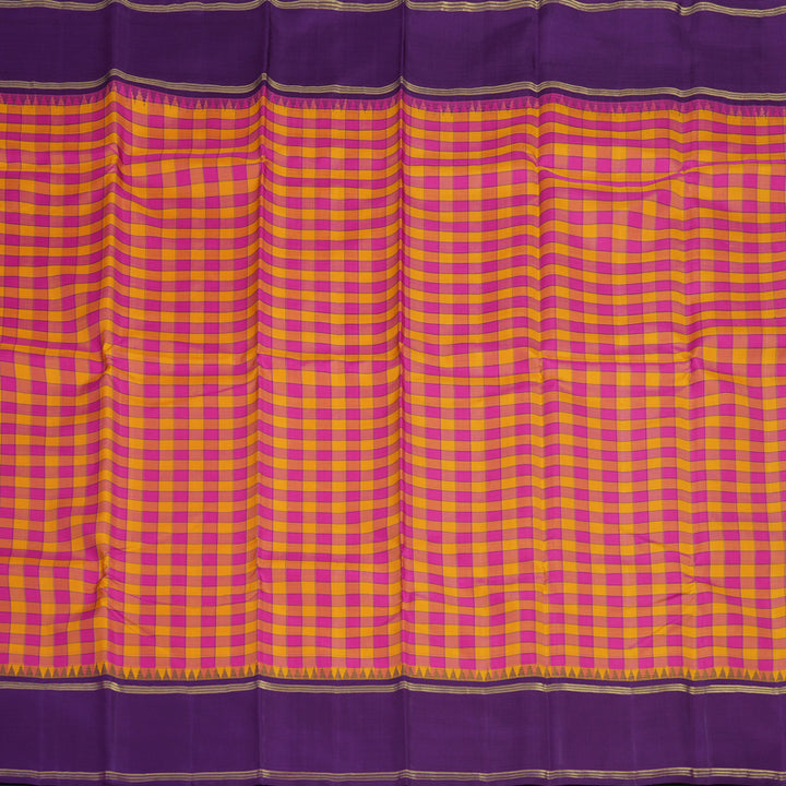 Hayagrivas Handloom Pink & Yellow Checks Kanjivaram Silk Saree with Purple Border KBE2357B2-1