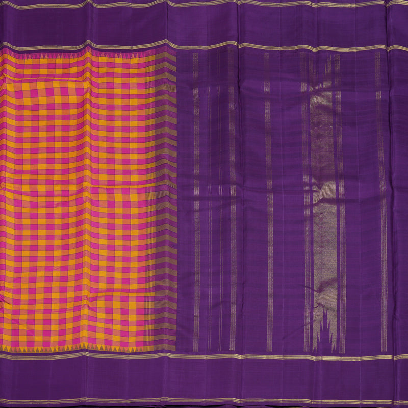 Hayagrivas Handloom Pink & Yellow Checks Kanjivaram Silk Saree with Purple Border KBE2357B2-1