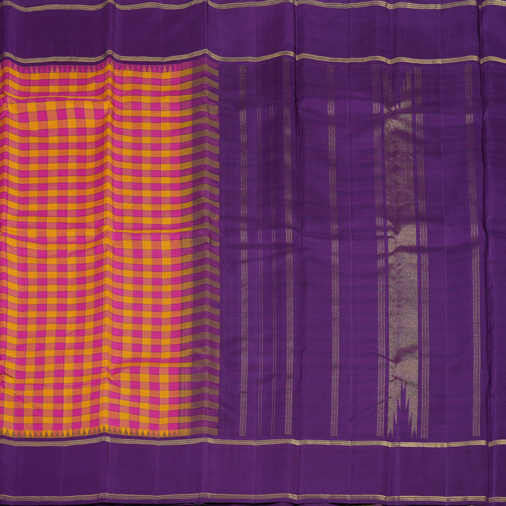 Hayagrivas Handloom Pink & Yellow Checks Kanjivaram Silk Saree with Purple Border KBE2357B2-1