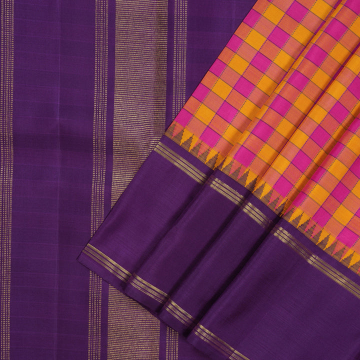 Hayagrivas Handloom Pink & Yellow Checks Kanjivaram Silk Saree with Purple Border KBE2357B2-1