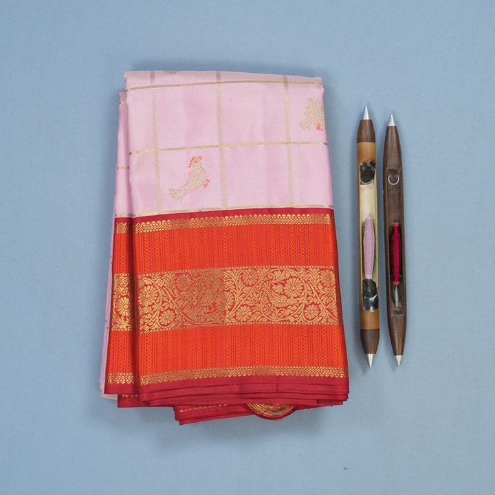Hayagrivas Handloom Baby Pink Kanjivaram Silk Saree with Red Border KBE2357B4-1