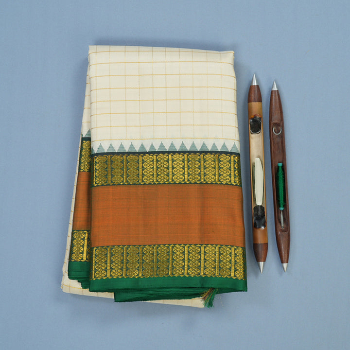 Hayagrivas Handloom Half-White Kanjivaram Silk Saree with Rust Orange Border KBE2357B5-1