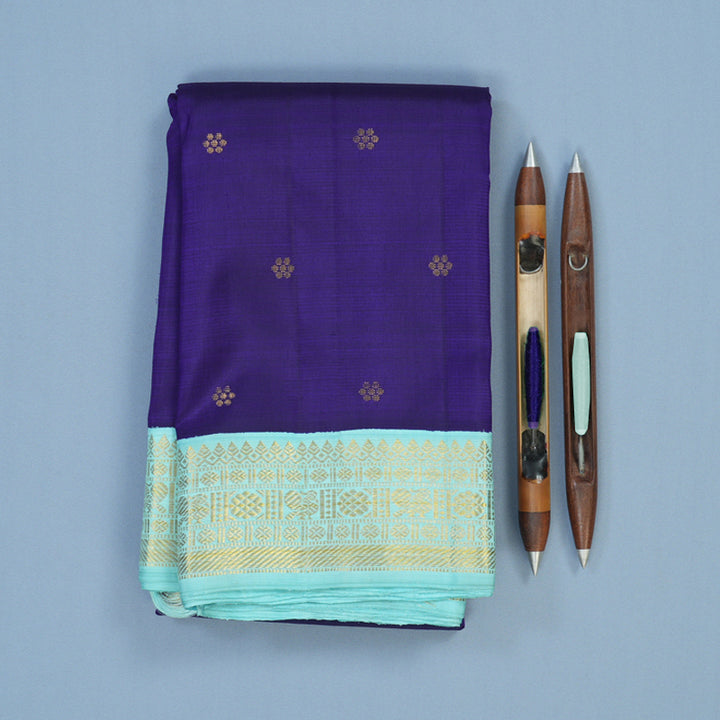 Hayagrivas Handloom Purplish-Blue Kanjivaram Silk Saree with Powder Blue Border KBE2358B6-1