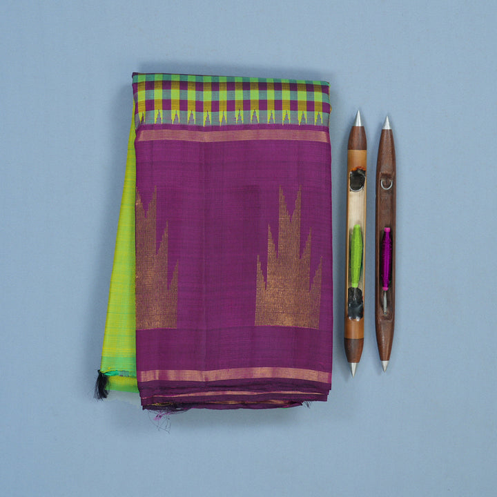 Hayagrivas Handloom Fluorescent Green Kanjivaram Silk Saree with Purple Border KBE2358B7-1