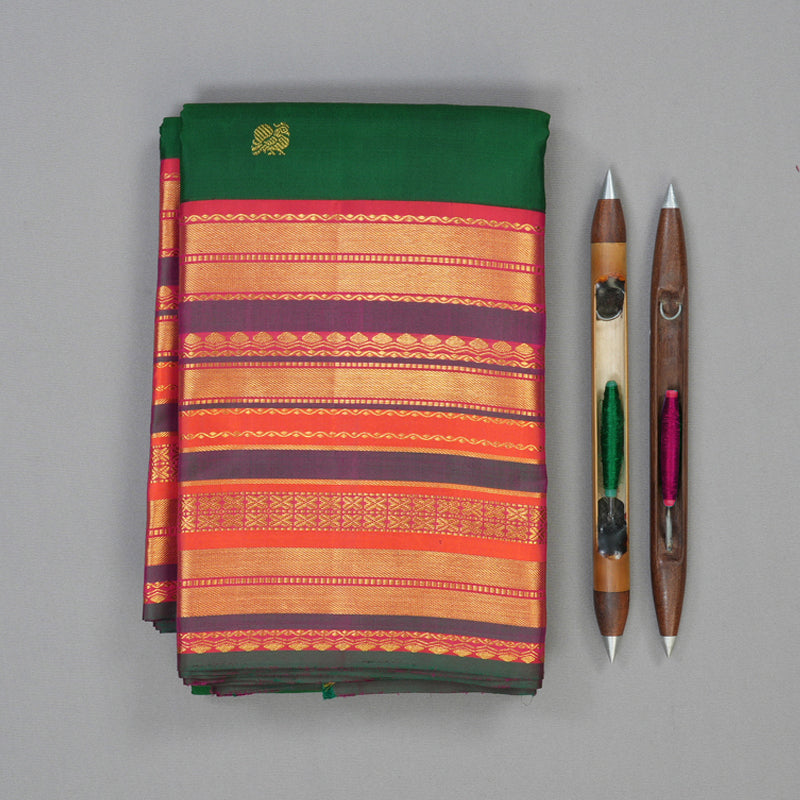 Hayagrivas Handloom Bottle Green Kanjivaram Silk Saree with Orangish-Pink Border KBE2360B6-1