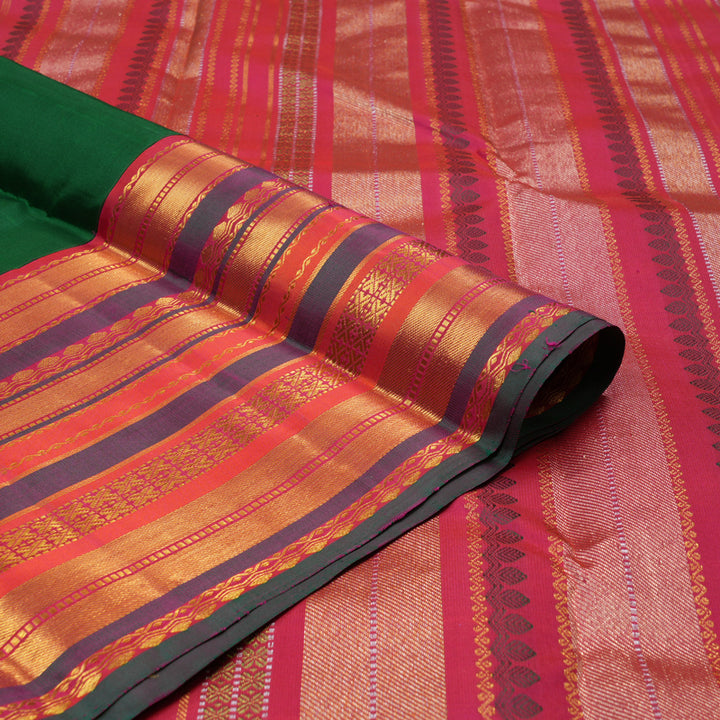 Hayagrivas Handloom Bottle Green Kanjivaram Silk Saree with Orangish-Pink Border KBE2360B6-1
