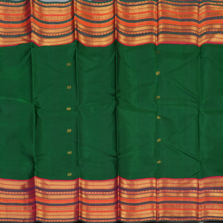 Hayagrivas Handloom Bottle Green Kanjivaram Silk Saree with Orangish-Pink Border KBE2360B6-1