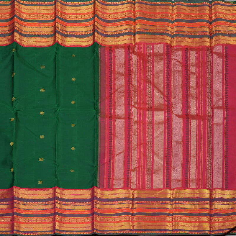 Hayagrivas Handloom Bottle Green Kanjivaram Silk Saree with Orangish-Pink Border KBE2360B6-1