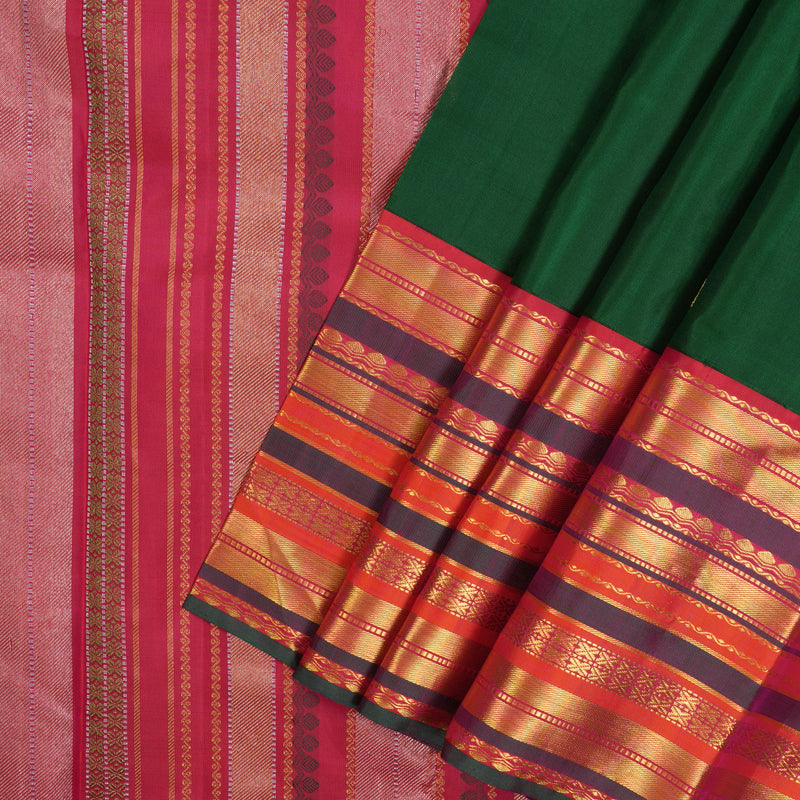 Hayagrivas Handloom Bottle Green Kanjivaram Silk Saree with Orangish-Pink Border KBE2360B6-1