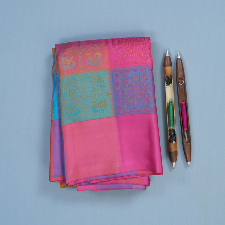 Hayagrivas Handloom Multicolour Checks Kanjivaram Silk Saree with Multicolour Border KBE2361B11-1