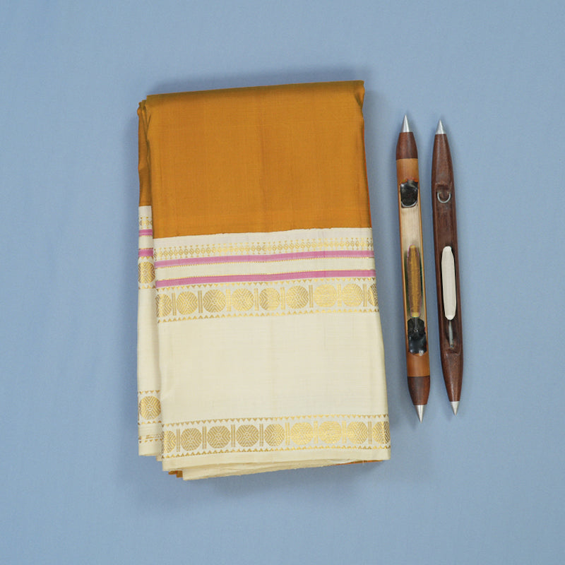 Hayagrivas Handloom Mustard Kanjivaram Silk Saree with Half-White Border KBE2367B6-2