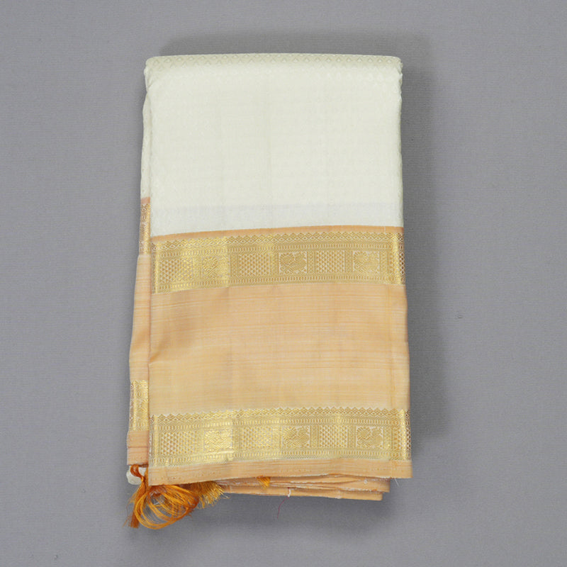 Hayagrivas Handloom Half-White Kanjivaram Silk Saree with Light Mustard Border KBE2368B4-1
