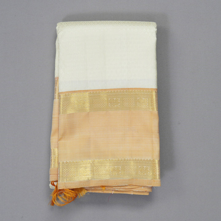Hayagrivas Handloom Half-White Kanjivaram Silk Saree with Light Mustard Border KBE2368B4-1
