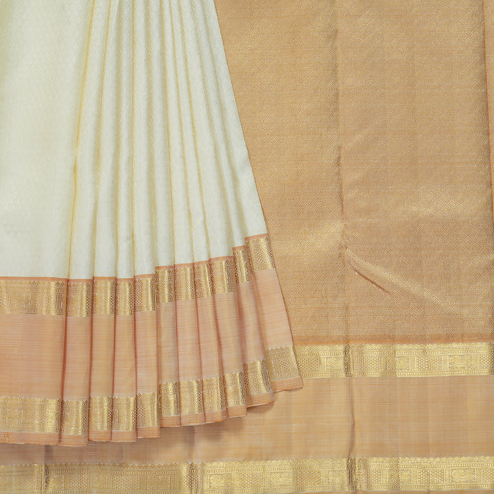 Hayagrivas Handloom Half-White Kanjivaram Silk Saree with Light Mustard Border KBE2368B4-1