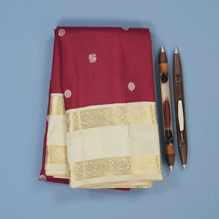 Hayagrivas Handloom Crimson Red Kanjivaram Silk Saree with Half-White Border KBE2368B5-3