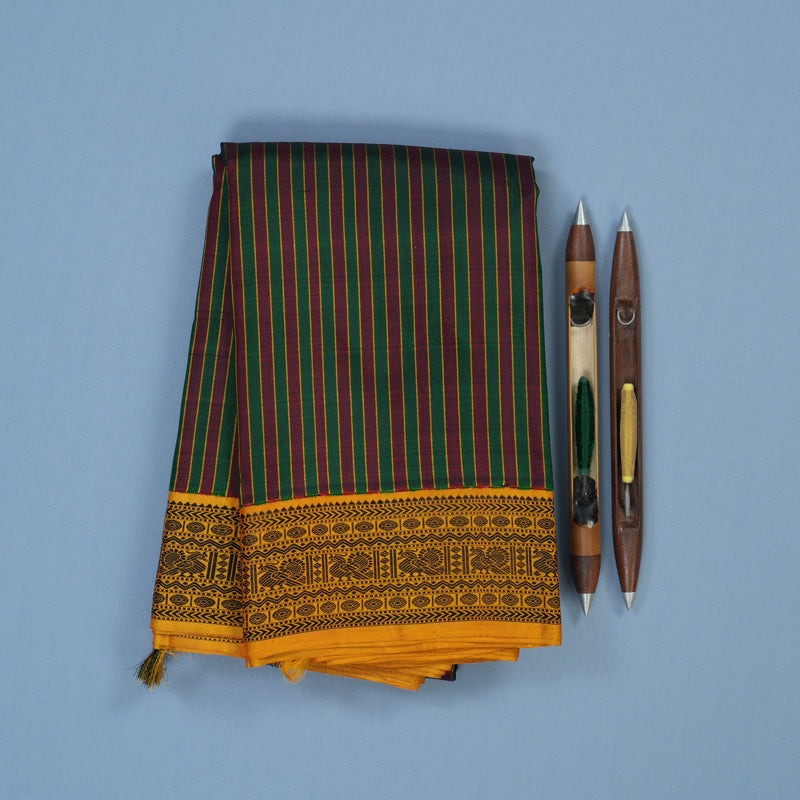 Hayagrivas Handloom Maroon & Bottle Green Stripes Kanjivaram Silk Saree with Mustard Border KBE2368B6-1