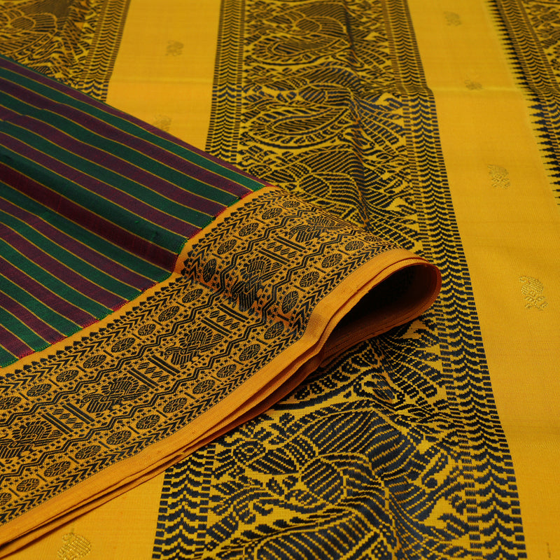 Hayagrivas Handloom Maroon & Bottle Green Stripes Kanjivaram Silk Saree with Mustard Border KBE2368B6-1