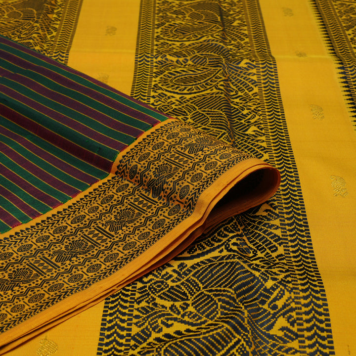 Hayagrivas Handloom Maroon & Bottle Green Stripes Kanjivaram Silk Saree with Mustard Border KBE2368B6-1