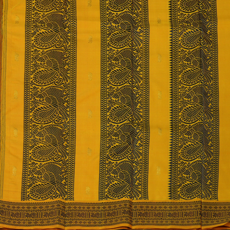 Hayagrivas Handloom Maroon & Bottle Green Stripes Kanjivaram Silk Saree with Mustard Border KBE2368B6-1