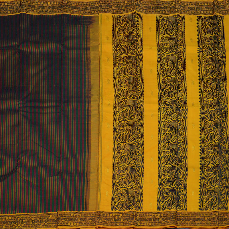 Hayagrivas Handloom Maroon & Bottle Green Stripes Kanjivaram Silk Saree with Mustard Border KBE2368B6-1