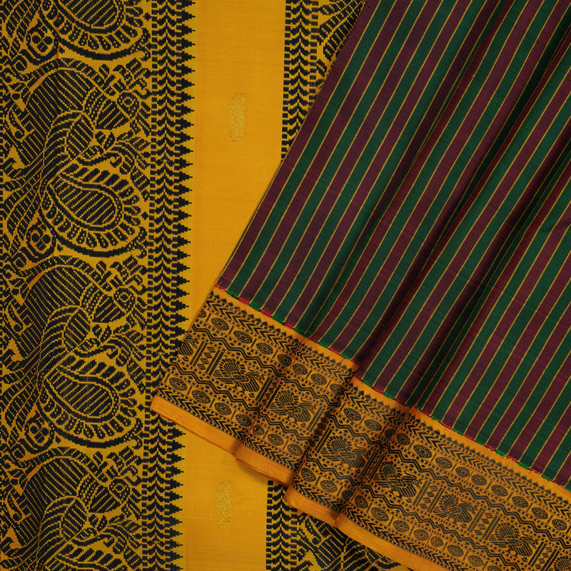Hayagrivas Handloom Maroon & Bottle Green Stripes Kanjivaram Silk Saree with Mustard Border KBE2368B6-1