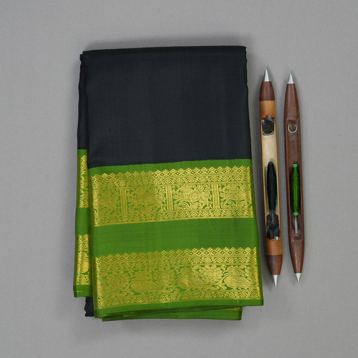 Hayagrivas Handloom Black Kanjivaram Silk Saree with Olive Green Border KBE2369B1-1