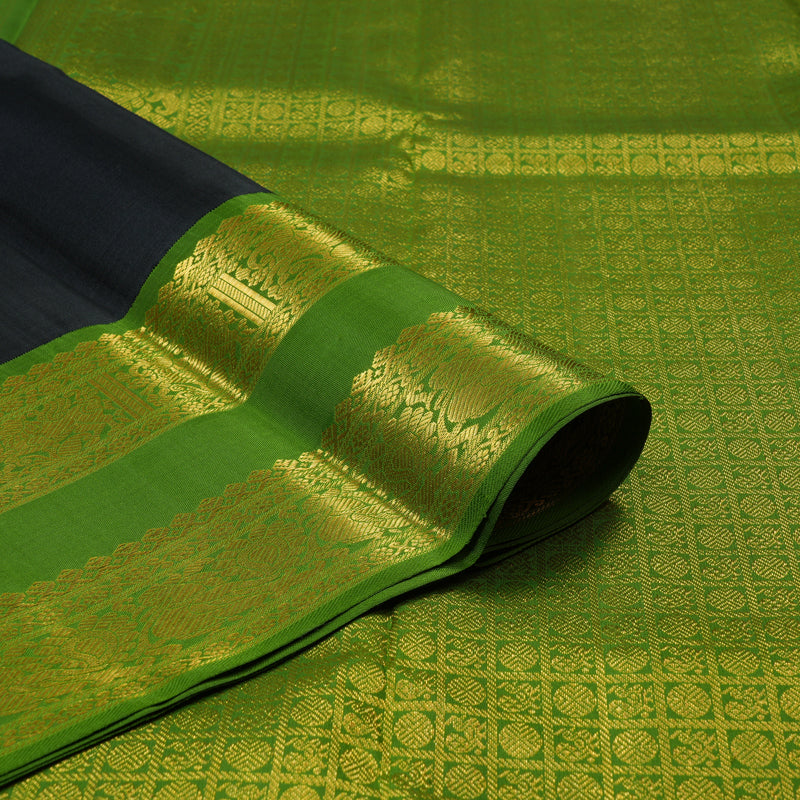Hayagrivas Handloom Black Kanjivaram Silk Saree with Olive Green Border KBE2369B1-1