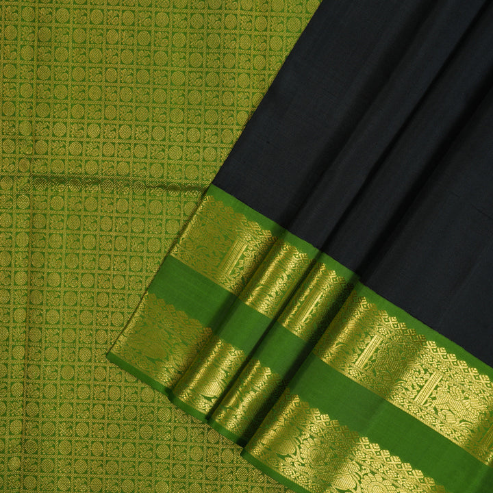 Hayagrivas Handloom Black Kanjivaram Silk Saree with Olive Green Border KBE2369B1-1