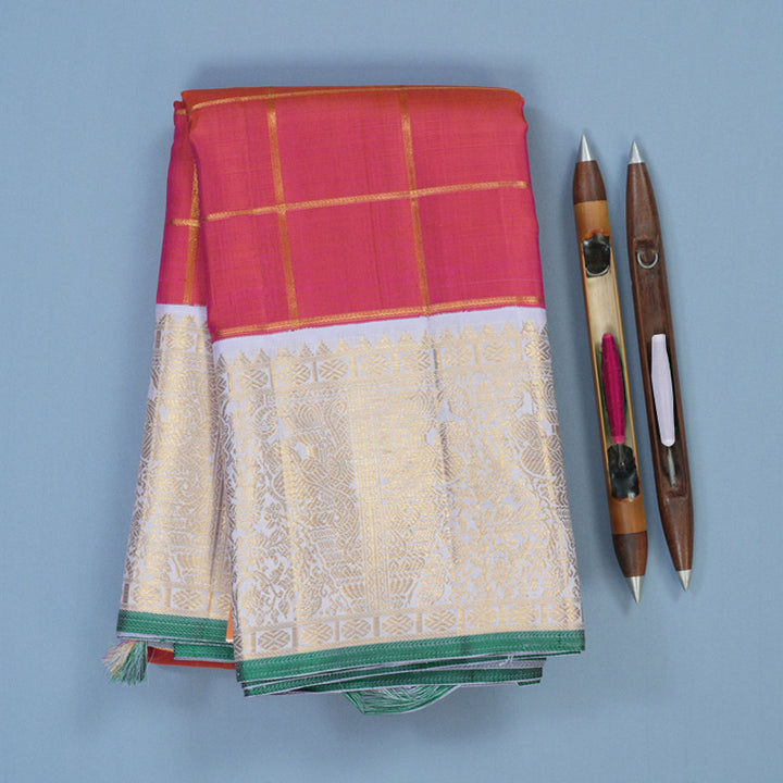 Hayagrivas Handloom Orangish-Pink Kanjivaram Silk Saree with Lilac Border KBE2369B3-1
