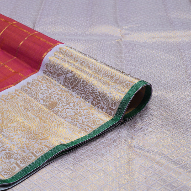 Hayagrivas Handloom Orangish-Pink Kanjivaram Silk Saree with Lilac Border KBE2369B3-1