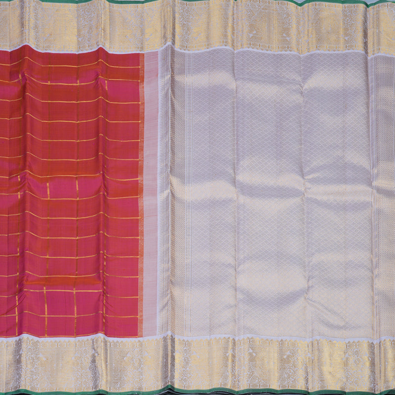 Hayagrivas Handloom Orangish-Pink Kanjivaram Silk Saree with Lilac Border KBE2369B3-1