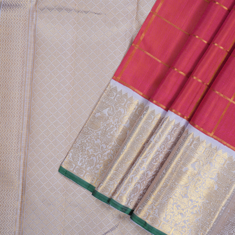 Hayagrivas Handloom Orangish-Pink Kanjivaram Silk Saree with Lilac Border KBE2369B3-1